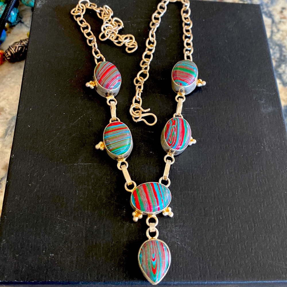 Sterling Silver multi color cabochon necklace